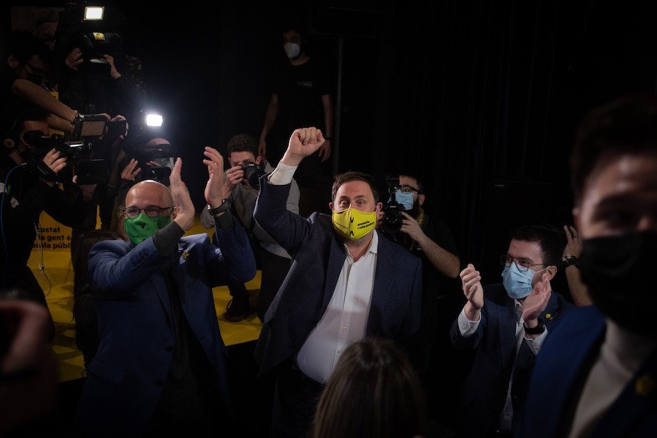 El líder d'ERC, Oriol Junqueras, en un acte de campanya d'ERC a l'COSTAT de l'exconseller Raül Romeva i el candidat d'ERC a la Presidència, Pere Aragonès.
