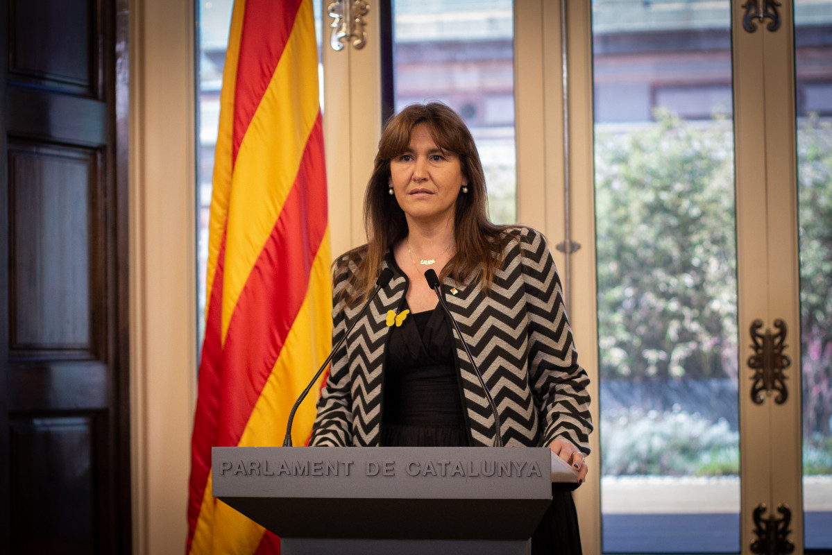 La presidenta de Parlament, Laura Borràs, ofereix 1 roda de premsa a la cambra. Catalunya (Espanya), 23 de març de l'2021.