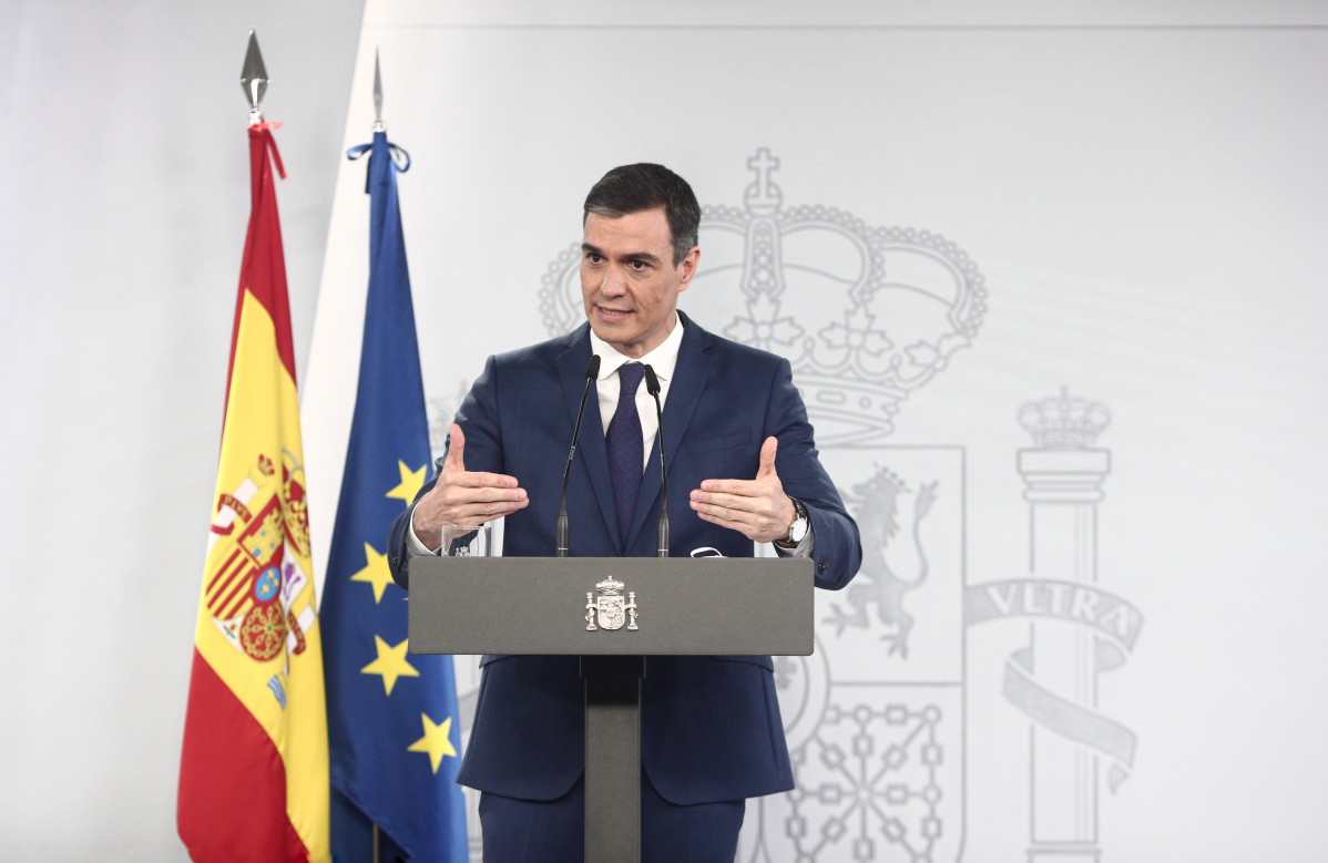 El president de la Generalitat espanyol, Pedro Sánchez, en una roda de premsa a la Moncloa després de dir el Consell de Ministres (Arxiu)