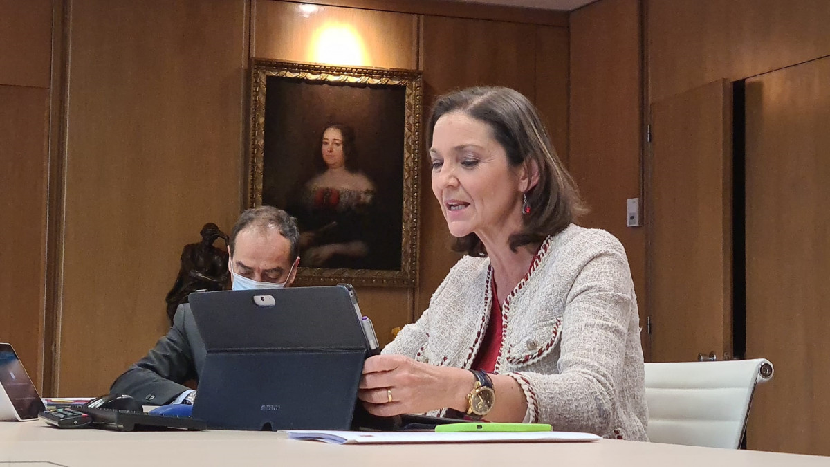La ministra d'Indústria, Comerç i Turisme, Reyes Maroto, en una reunió telemàtica de ministres de l'G20.