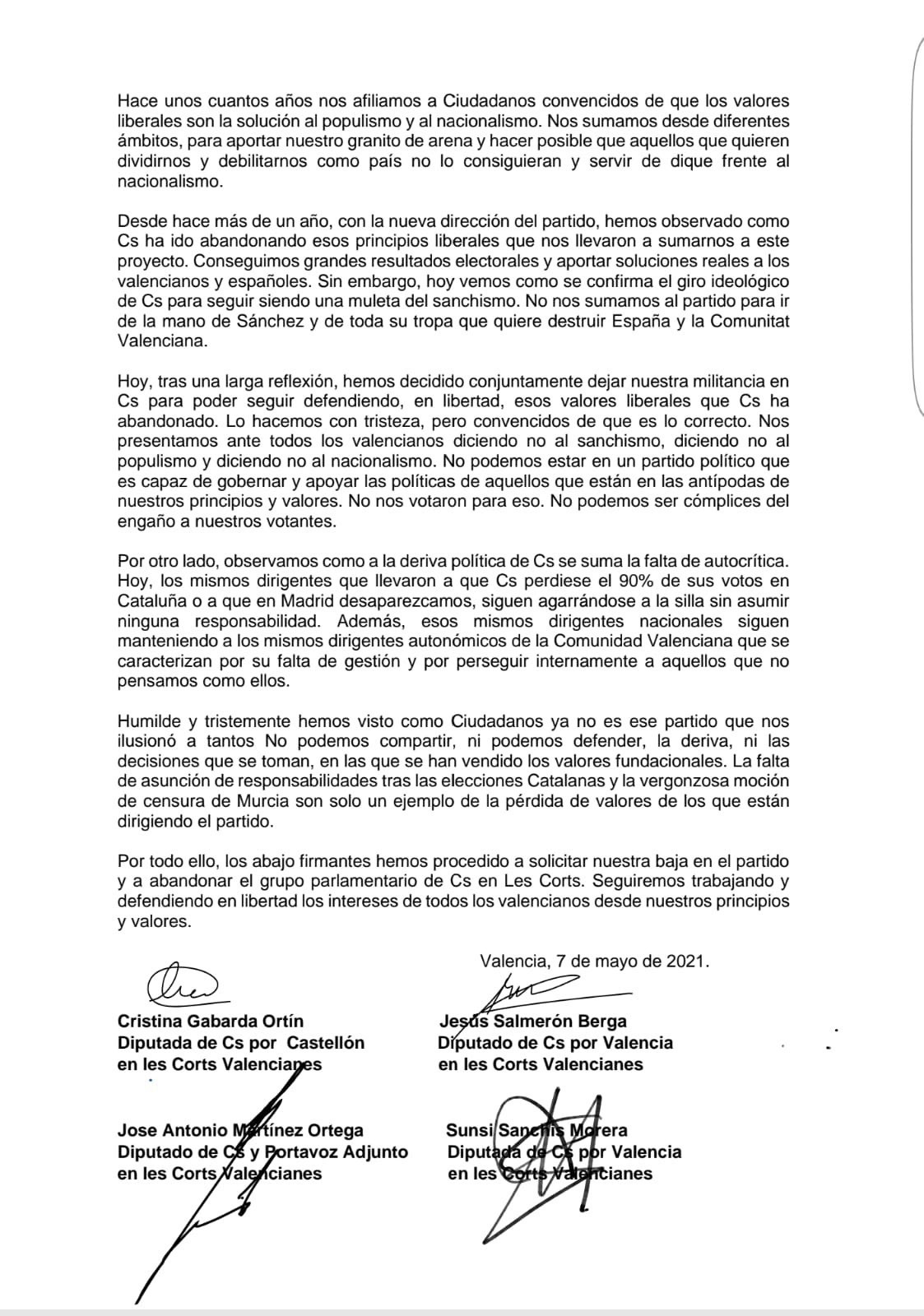 Carta de quatre diputats de Ciutadans que abandonen la formació