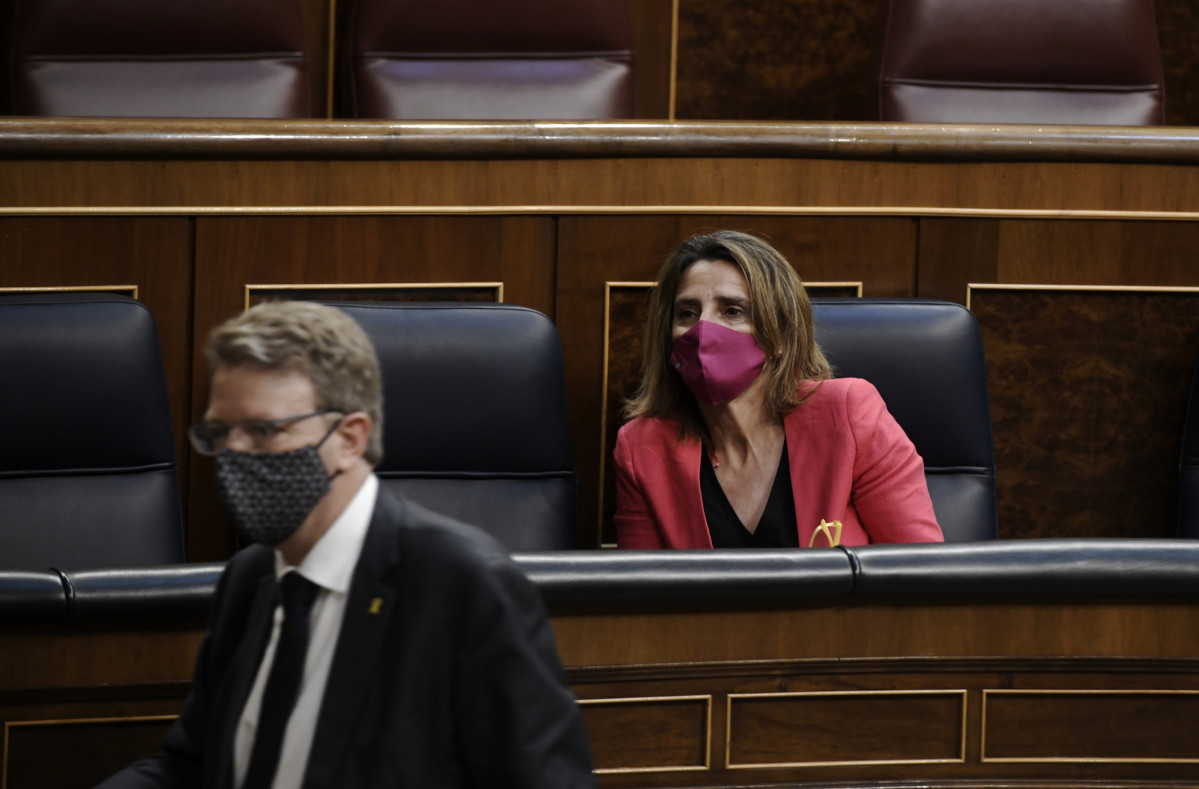 La vicepresidenta i ministra per a la Transició Ecològica i el Repte Demogràfic, Teresa Ribera, i el portaveu de l'PDeCAT al Congrés, Ferran Bel, en una sessió plenària al Congrés dels Diputats, a 13 de maig de 2021, a Madrid, ( Espanya). el plen