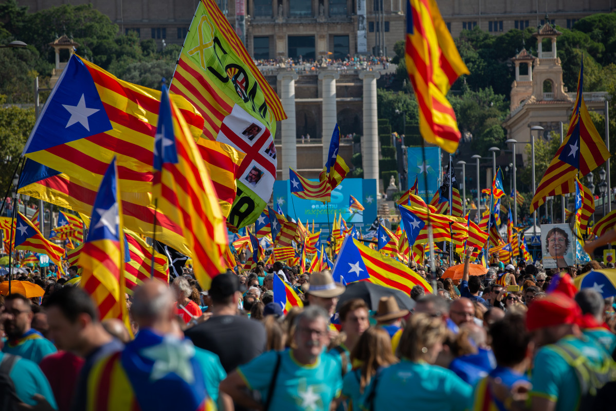 Centenars de persones amb banderes de l'estelada (bandera independentista catalana) durant la manifestació convocada per l'Assemblea Nacional Catalana (ANC) amb el lema 'Objectiu Independència (Objectiu independència)'.