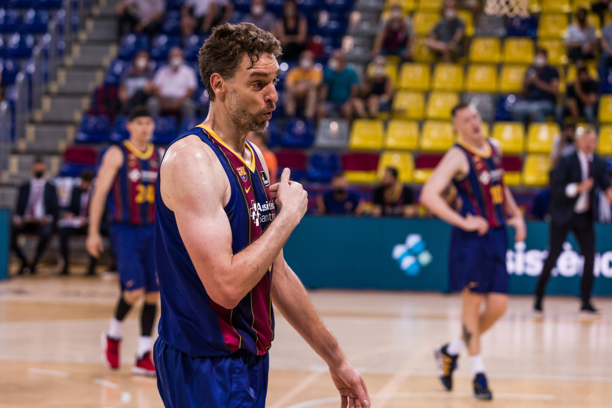 Pau Gasol of Fc Barcelona gestures during the Lliga Endesa ACB Playoff final game 2 matx between Fc Barcelona and Reial Madrid at Palau Blaugrana on June 15, 2021 in Barcelona, Spain.