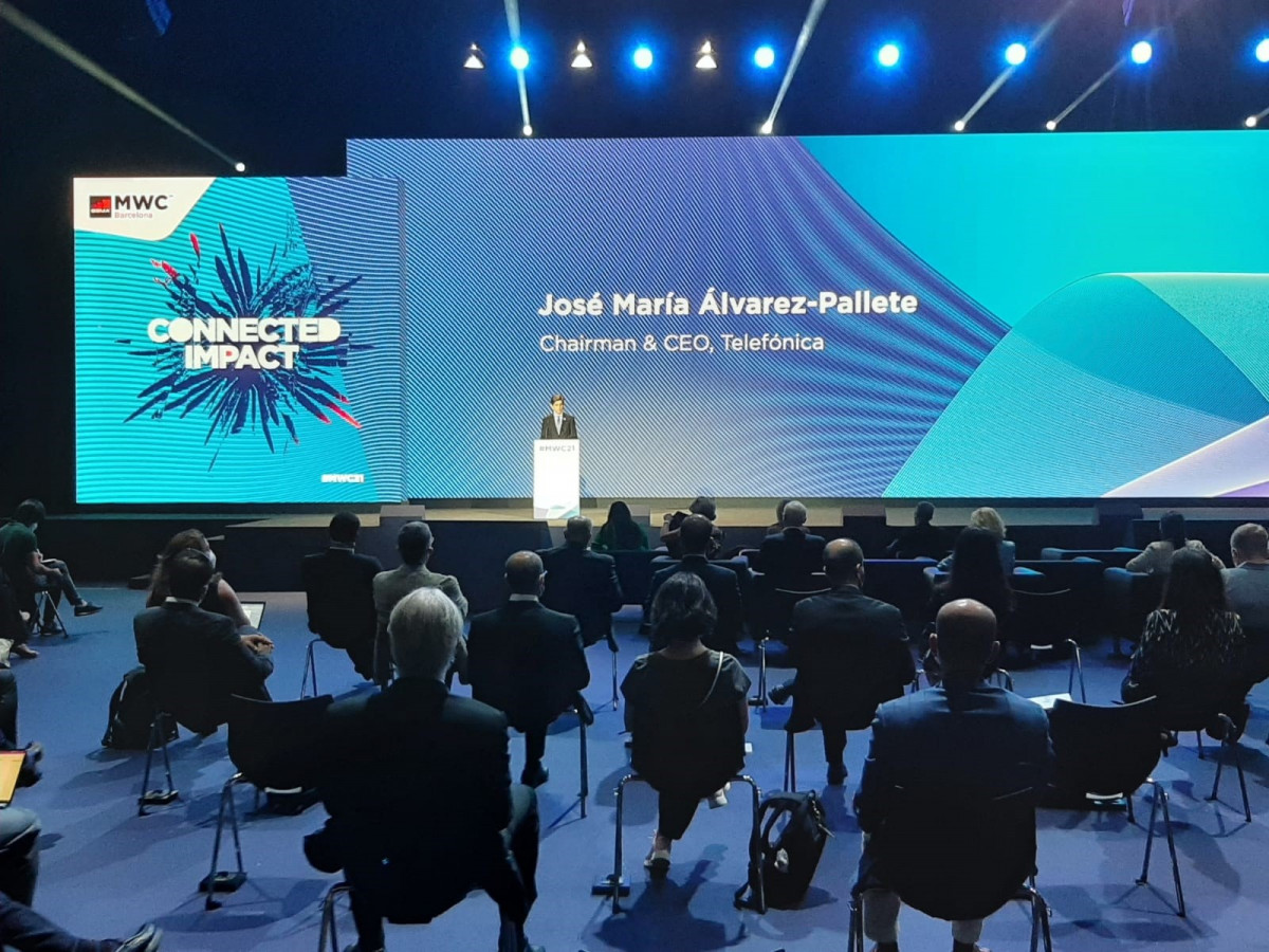 El president de Telefónica, José María Álvarez-Pallete, durant el discurs inaugural de el Mobile World Congress 21