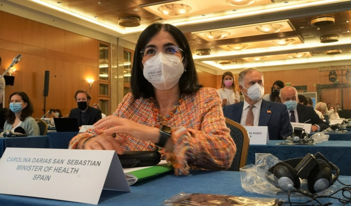 La ministra de Sanitat, Carolina Darias, en la seva intervenció durant la Reunió d'Alt Nivell (RAN) d'OMS Europa, que se celebra aquest dijous 22 de juliol a Atenes (Grècia).