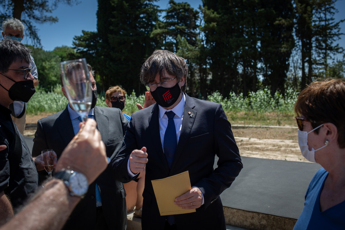 L'expresident Carles Puigdemont; durant l'acte de celebració dels 60 anys d'Òmnium Cultural,, 16 de juliol de 2021, a Elna, (França). Òmnium Cultural celebra aquest divendres un acte a Elna (França) per commemorar el 60 aniversari de l'entitat.