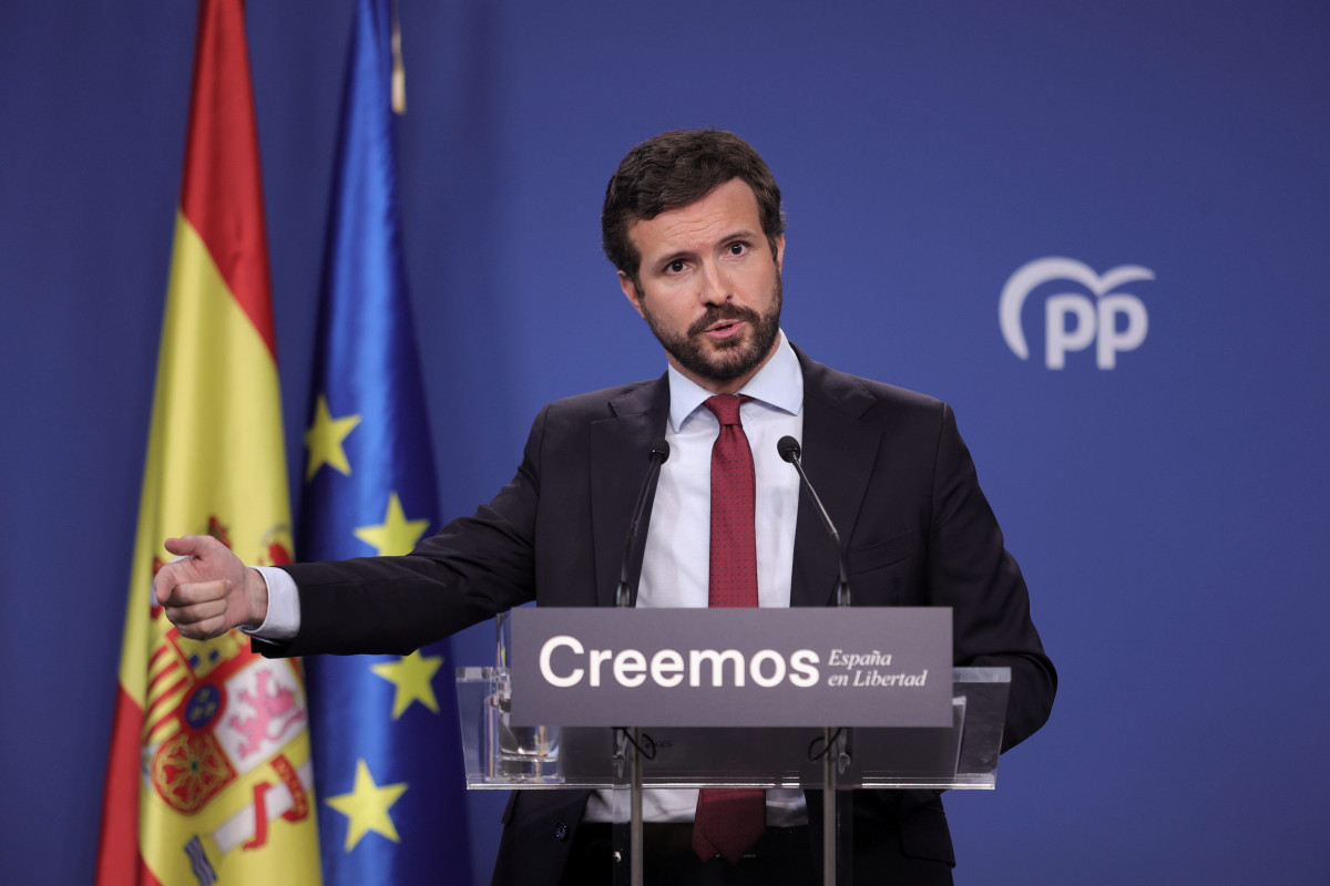 Arxiu - El president de PP, Pablo Casado, durant una roda de premsa a la seu de el partit, a 29 de juliol de 2021, a Madrid (Espanya).