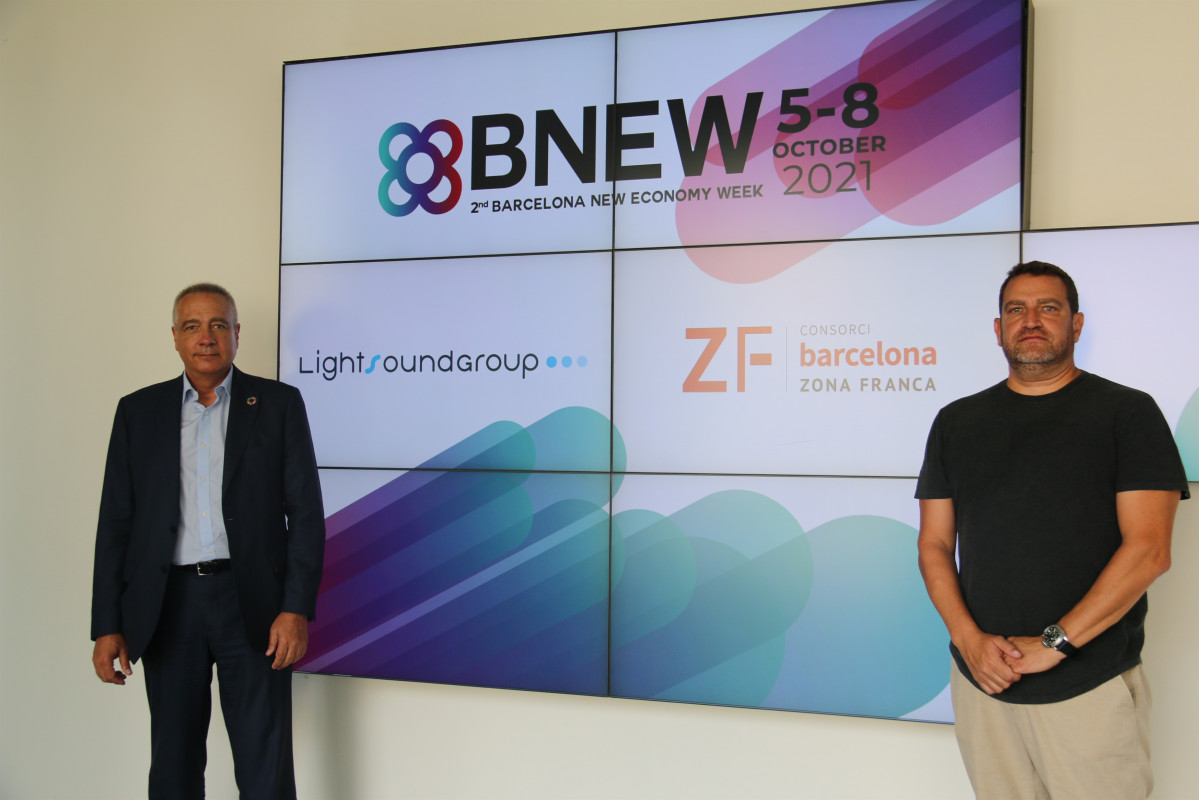 El delegat especial de l'Estat al Consorci de la Zona Franca de Barcelona (CZFB) i president de la Barcelona New Eeconomy Week (BNEW), Pere Navarro, i el fundador i president de Lightsound Group, David Boja