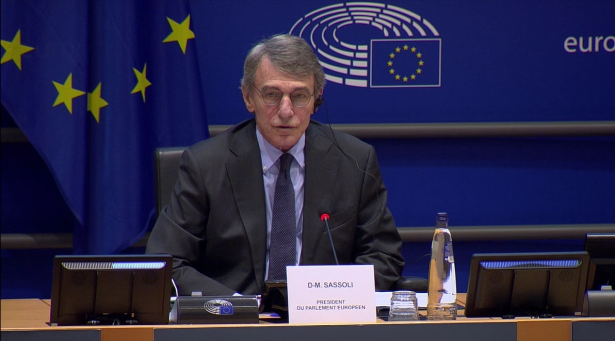 El president de Parlament Europeu, David Sassoli, a la reunió organitzada aquest dijous per la presidenta de la Comissió de Drets de la Dona i Igualtat de Gènere, Evelyn Regner, amb motiu del Dia Internacional de la Dona