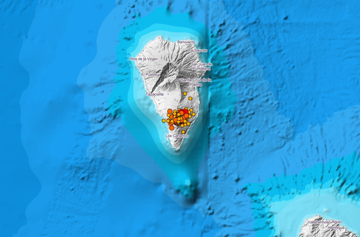Localització dels terratrèmols a l'illa de La Palma en els darrers 3 dies