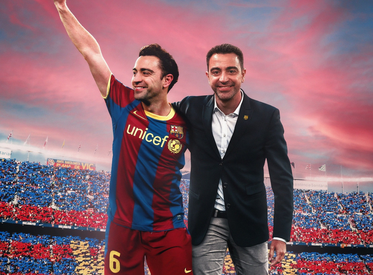 Muntatge realitzat pel FC Barcelona per donar la benvinguda al nou entrenador, Xavi Hernández, que va ser capità de l'equip a la seva etapa com a jugador