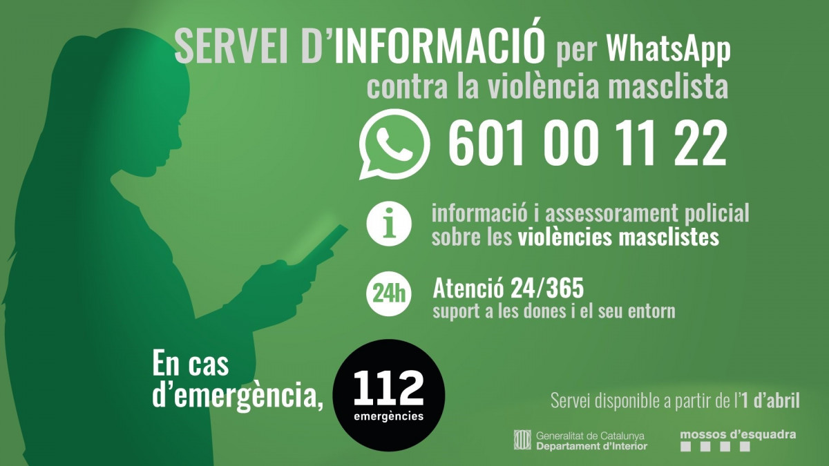 Archivo - El nuevo número de WhatsApp de los Mossos d'Esquadra de atención e información sobre violencia machista (601 00 11 22)