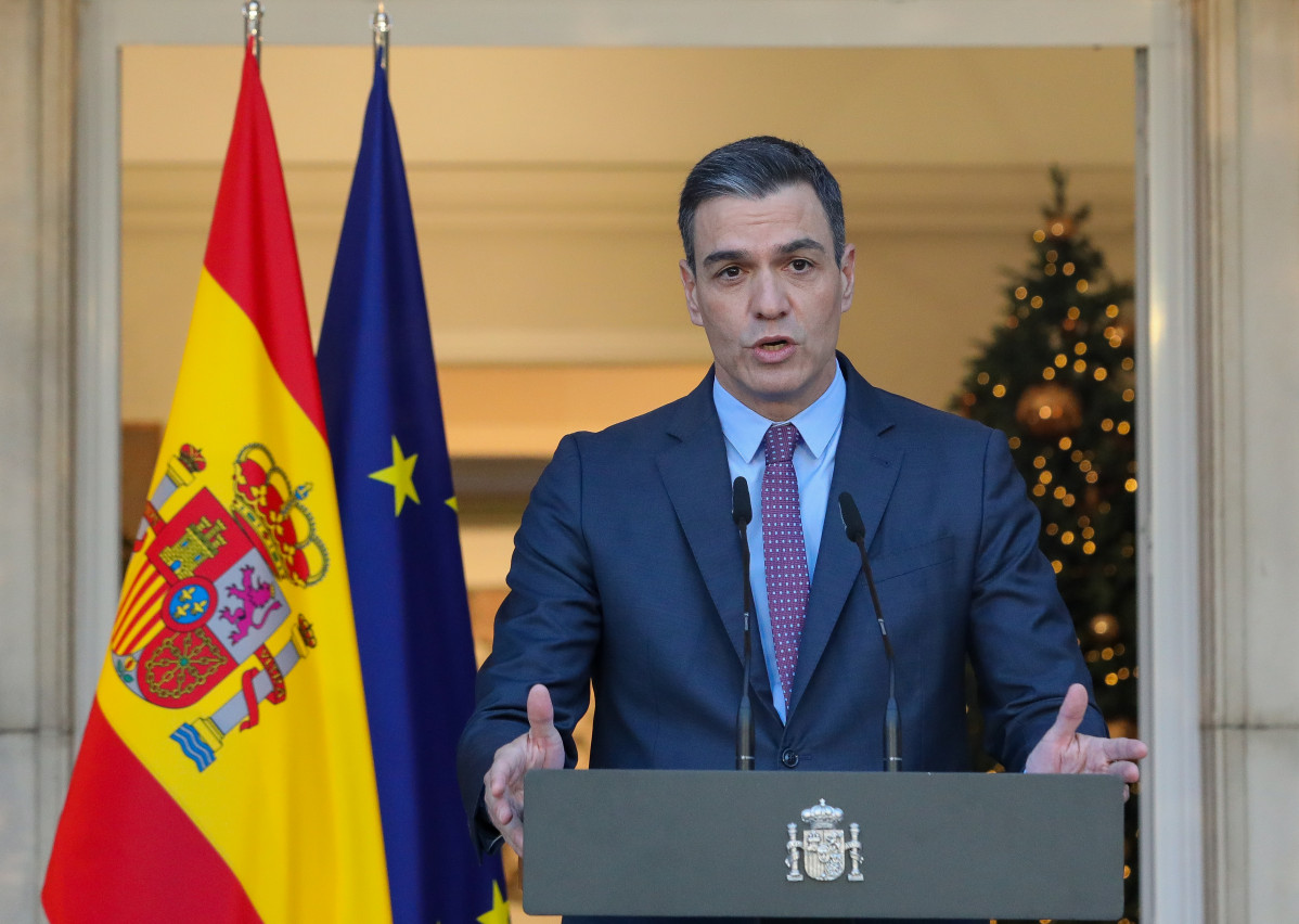 El president del Govern, Pedro Sánchez, durant una declaració institucional, al Palau de la Moncloa.