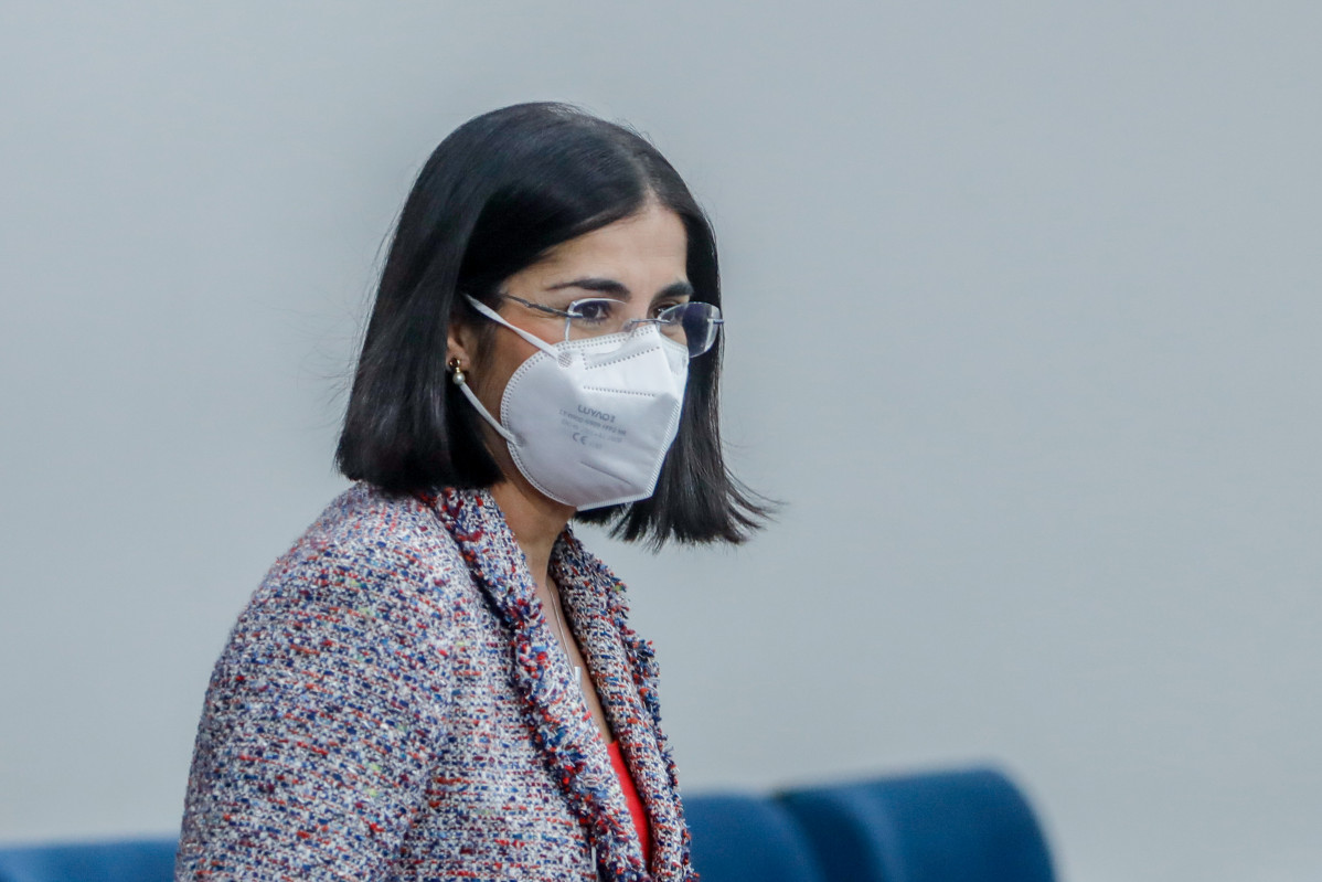 La ministra de Sanitat, Carolina Darias, en arribar a la roda de premsa posterior al Consell Interterritorial del Sistema Nacional de Salut (CISNS), a la Secretaria d'Estat de Comunicació del Complex de la Moncloa, a 12 de gener de 2022.
