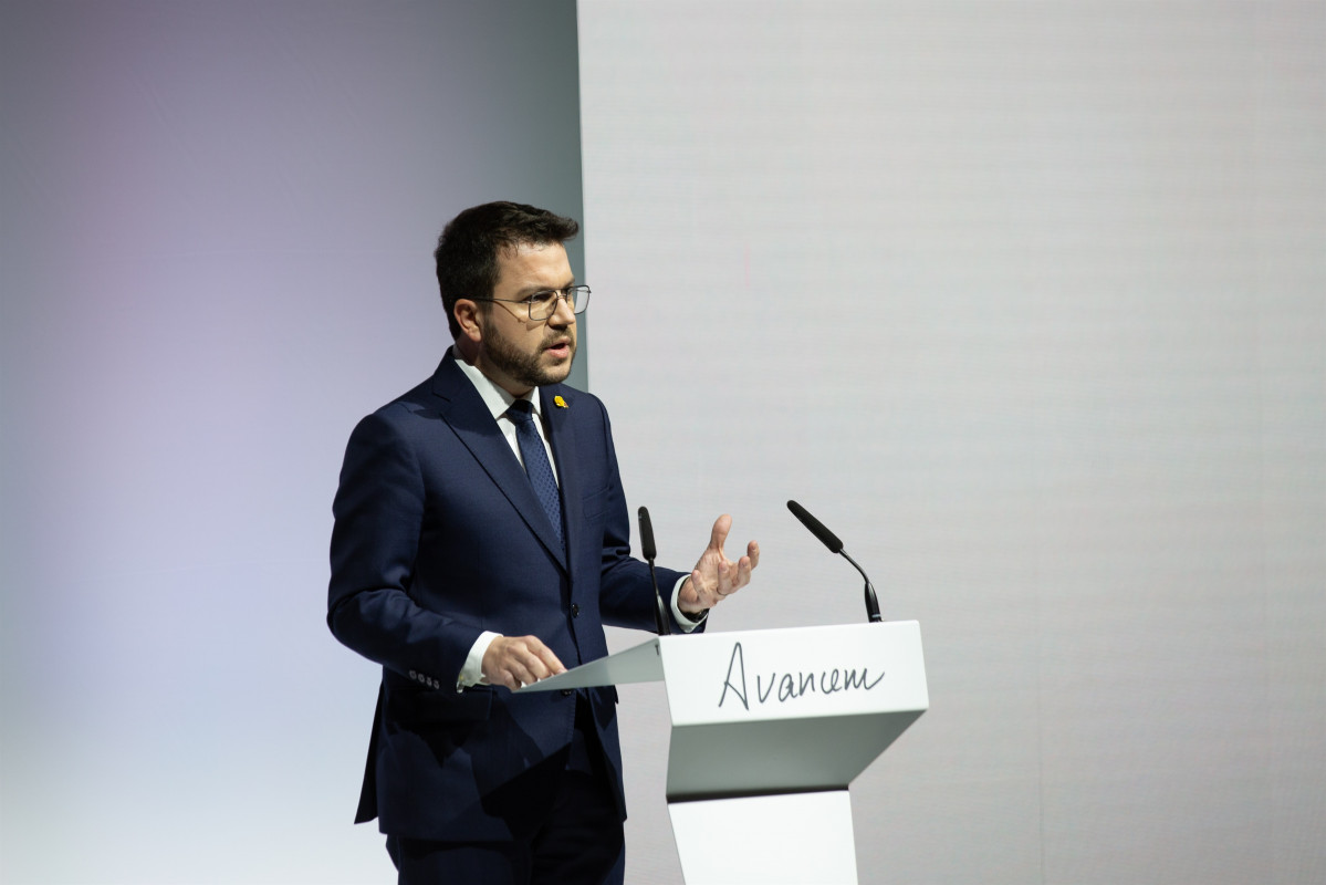 El presidente de la Generalitat, Pere Aragonès, en su conferencia con motivo del aniversario de las elecciones del 14 de febrero.