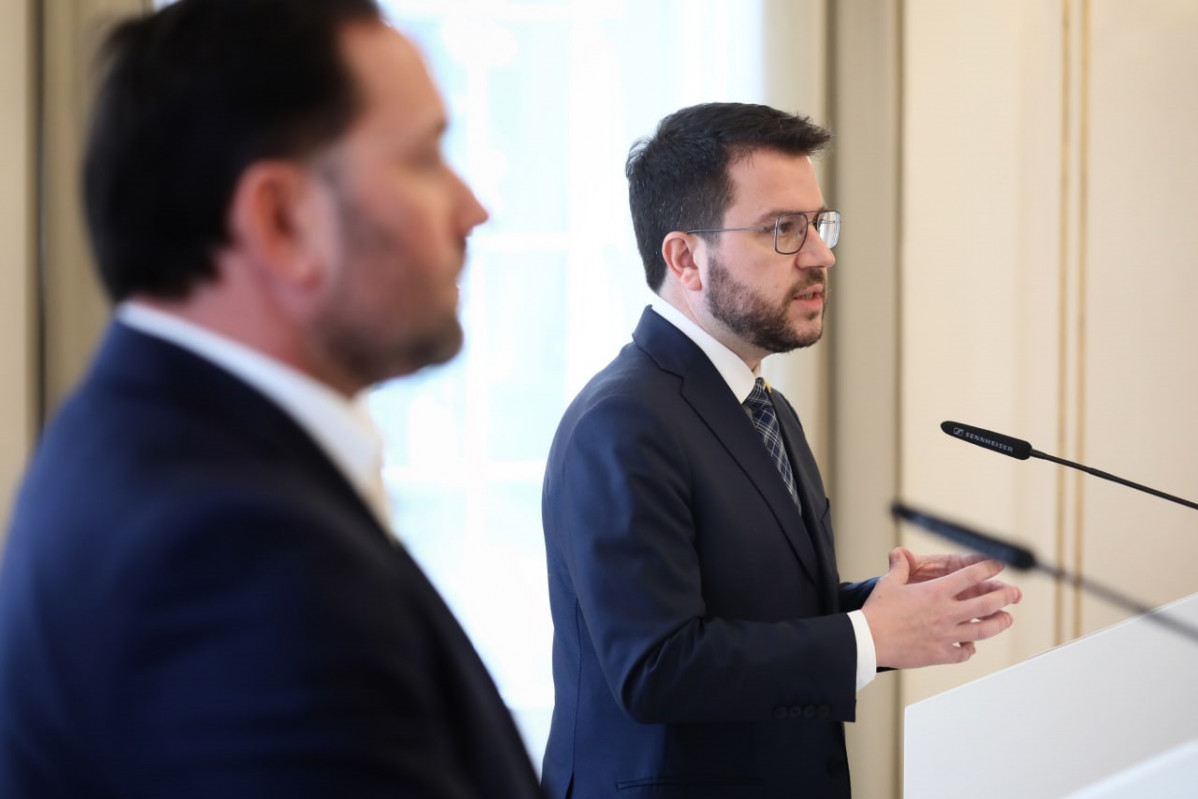 El president de la Generalitat, Pere Aragonès, en una compareixença durant el viatge a Alemanya.