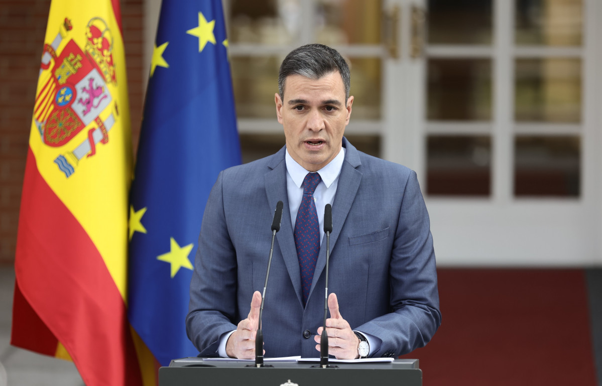 El president del Govern, Pedro Sánchez, realitza una declaració institucional sobre la situació a Ucraïna des del Palau de la Moncloa, a 24 de febrer de 2022, a Madrid