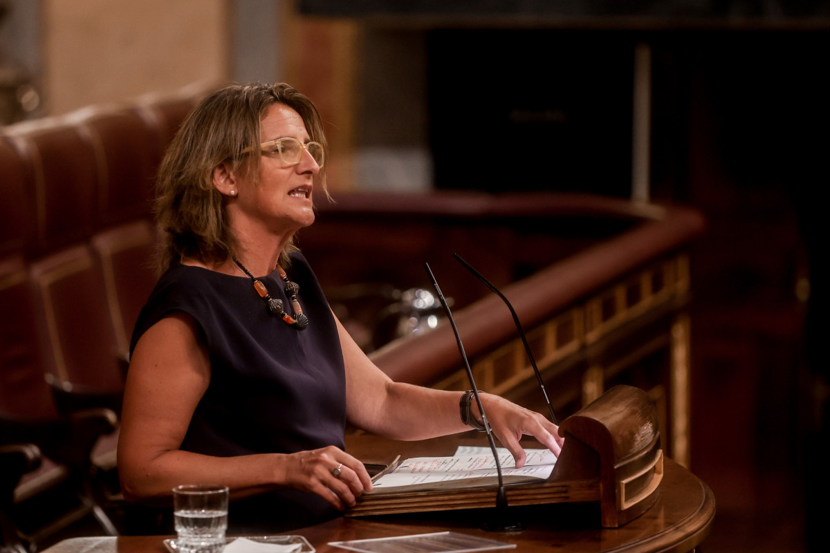 La vicepresidenta i ministra per a la Transició Ecològica i el Repte Demogràfic, Teresa Ribera, intervé en una sessió plenària, al Congrés dels Diputats, el 25 d'agost del 2022, a Madrid (Espanya).
