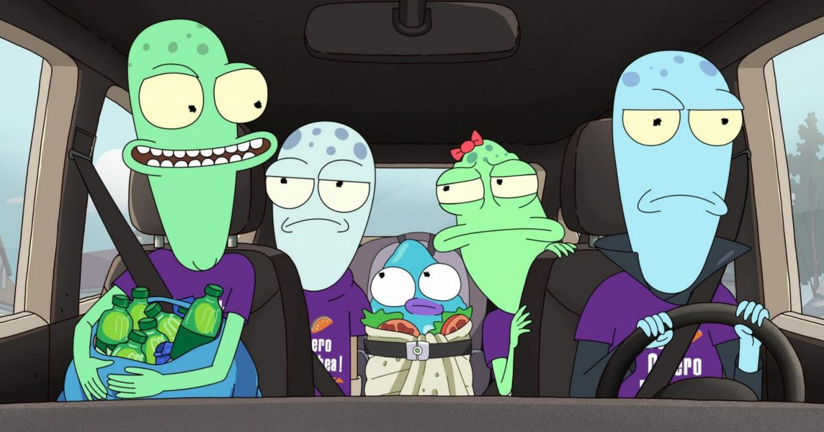 The Solar Opposites family on a road trip in the car