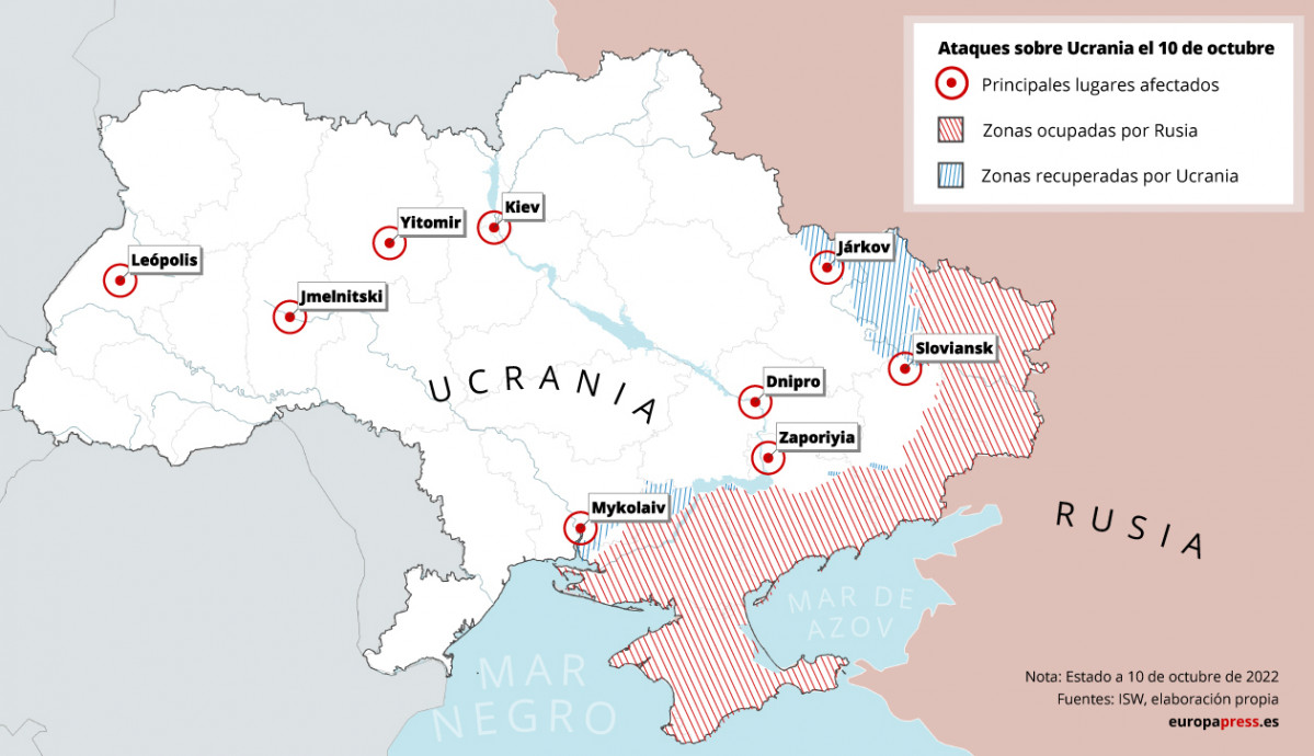 EuropaPress 4739277 mapa atacs registrats diferents ciutats ucraïna 10 octubre 2022