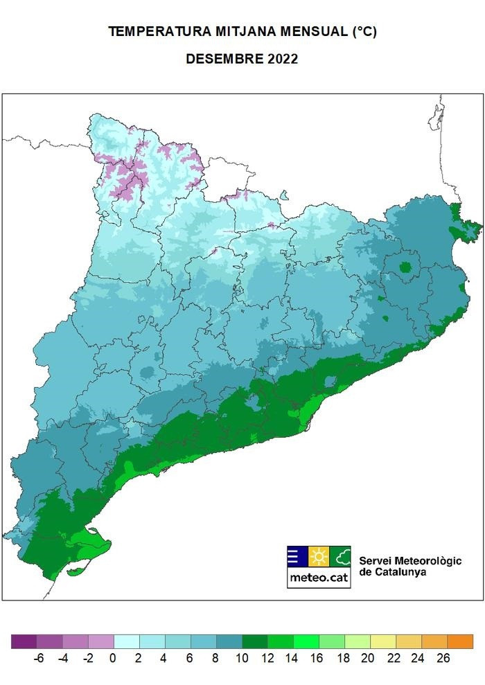 EuropaPress 4900263 mapa temperatura mitjana mensual catalunya desembre 2022