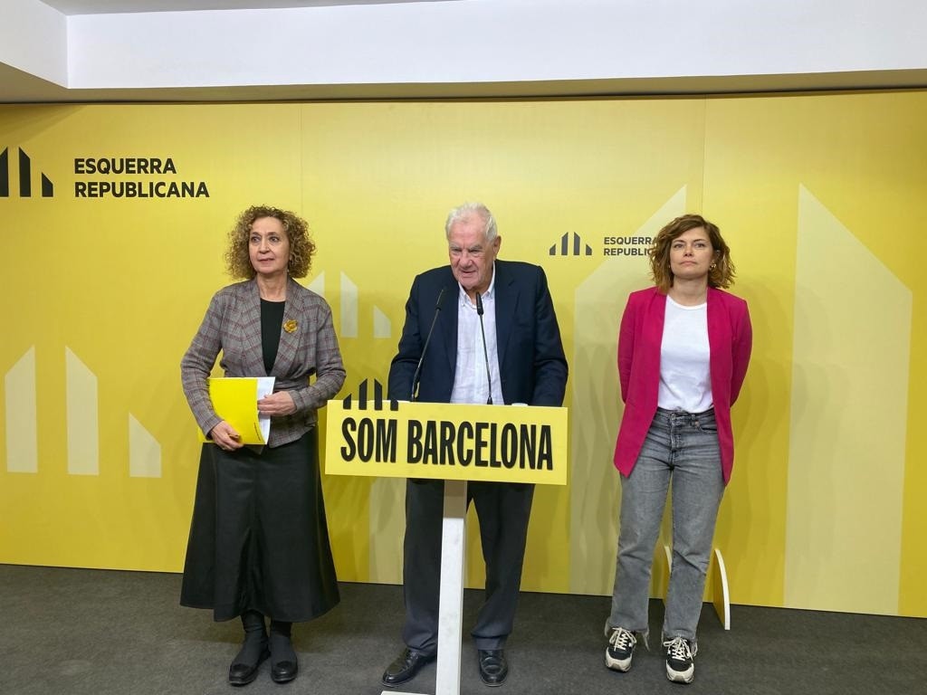 Ester Capella, Ernest Maragall i Elisenda Alamany en roda de premsa aquest dimecres.