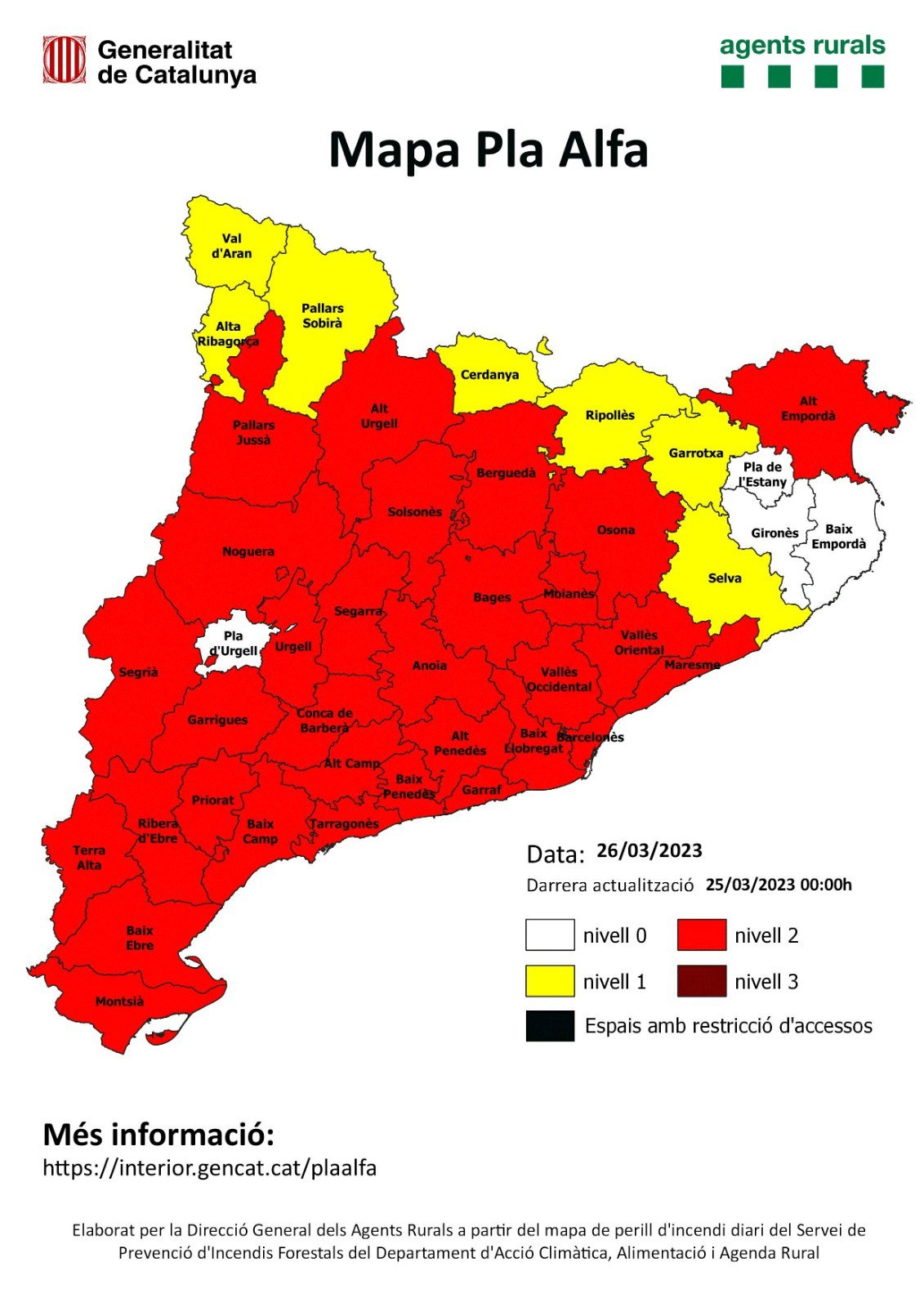 Mapa del Pla Alfa de risc d'incendi per al diumenge 26 de març