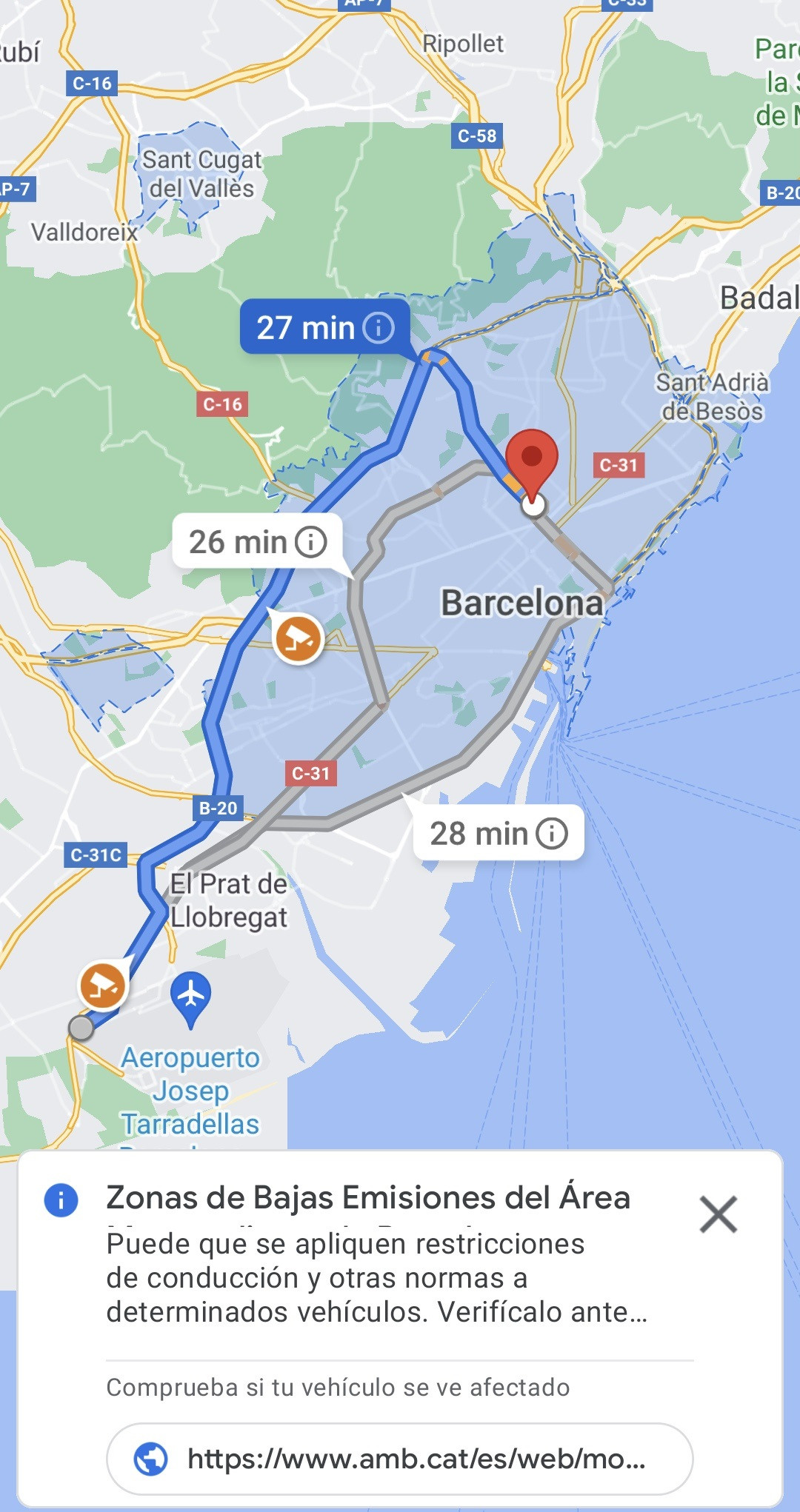 Google Maps mostra les Zones de Baixes Emissions de l'entorn de Barcelona